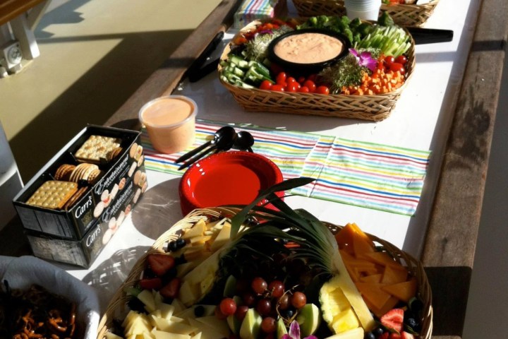 a box filled with different types of food on a table